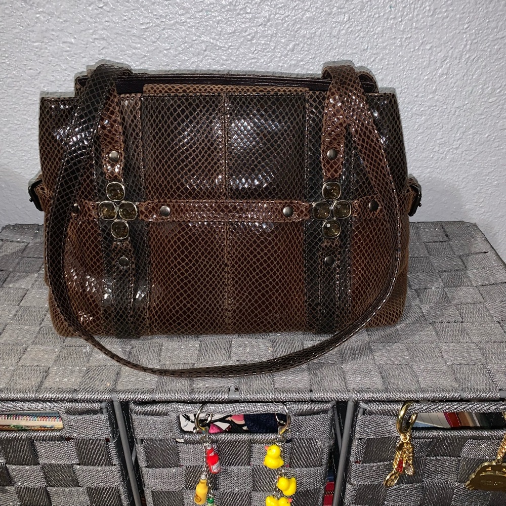 Stuart Weitzman Elegant Brown Snakeskin Pattern Handbag